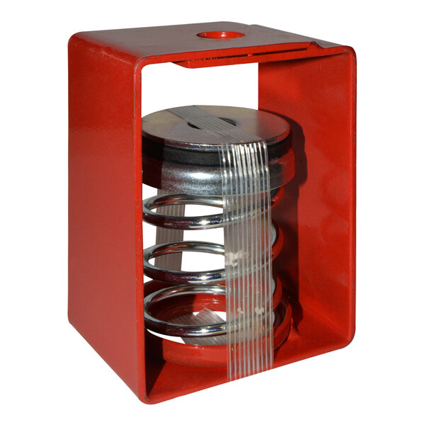 A red box with a metal spring inside.