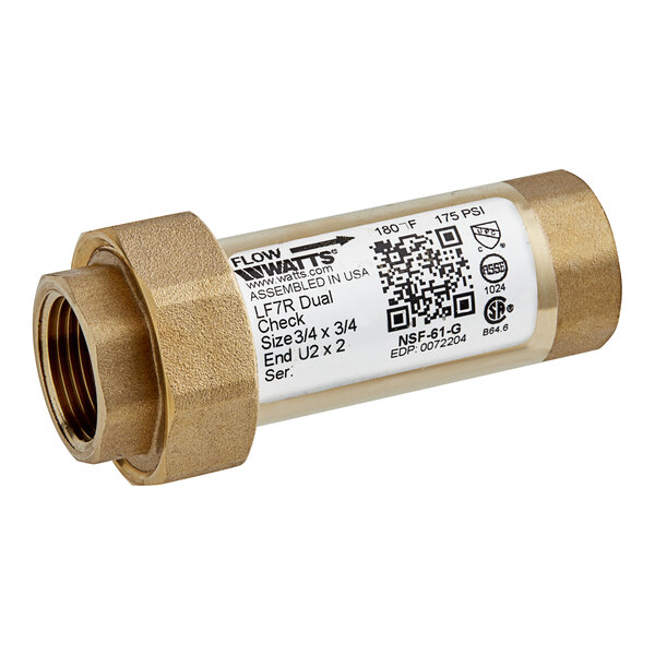 A close-up of a brass Watts dual check valve with a QR code.