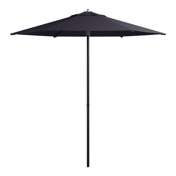 A black Lancaster Table & Seating umbrella with a metal pole.