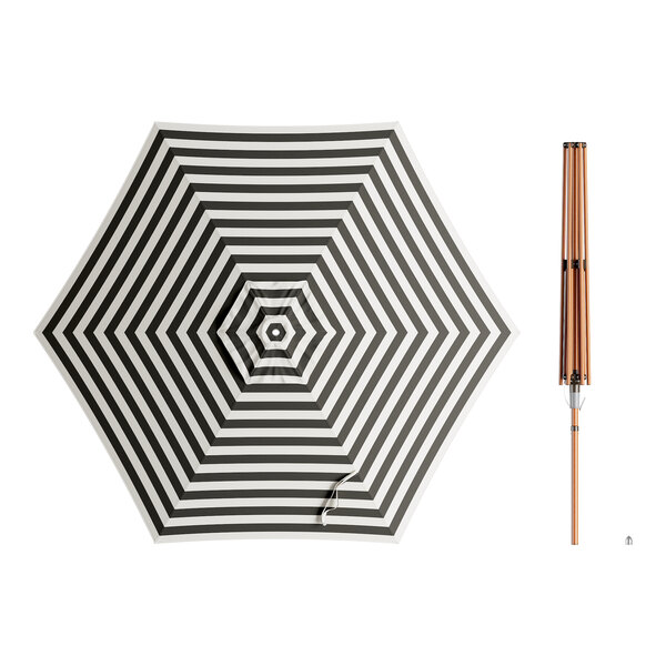 A Lancaster Table & Seating black and white striped woodgrain umbrella.