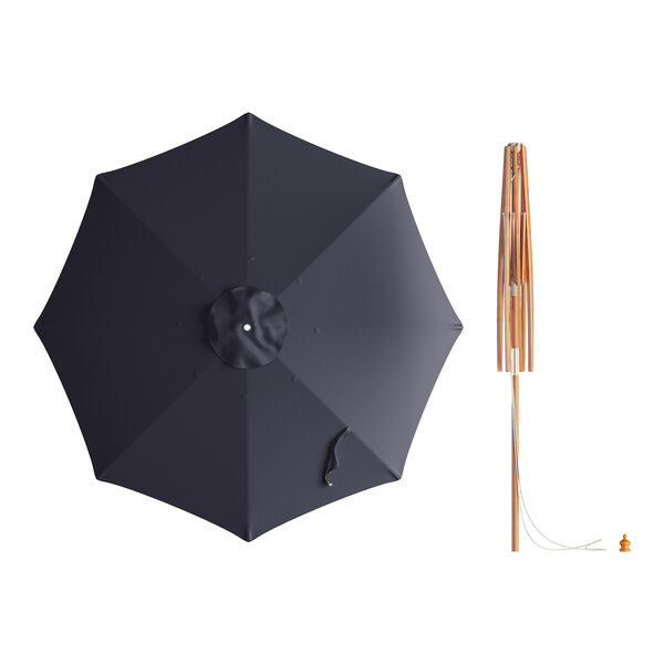 A black umbrella with a wooden pole and pulley lift.