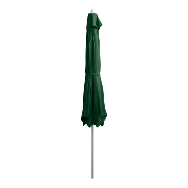 A Lancaster Table & Seating forest green umbrella on a metal pole.