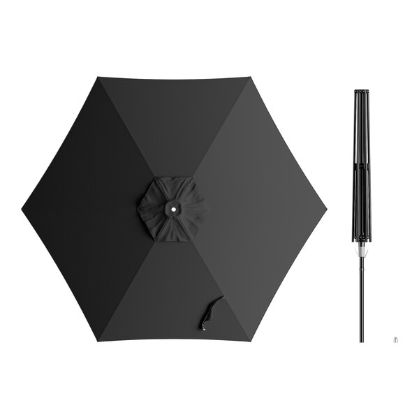 A Lancaster Table & Seating black aluminum umbrella with a black handle.