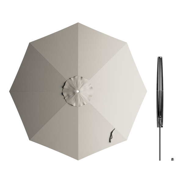 A top view of a black Lancaster Table & Seating round umbrella with a crank lift.