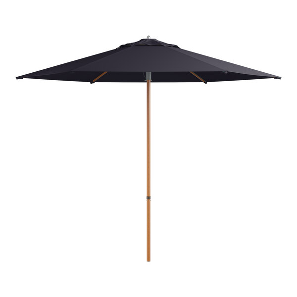 A navy blue Lancaster Table & Seating woodgrain aluminum umbrella with a wooden pole.