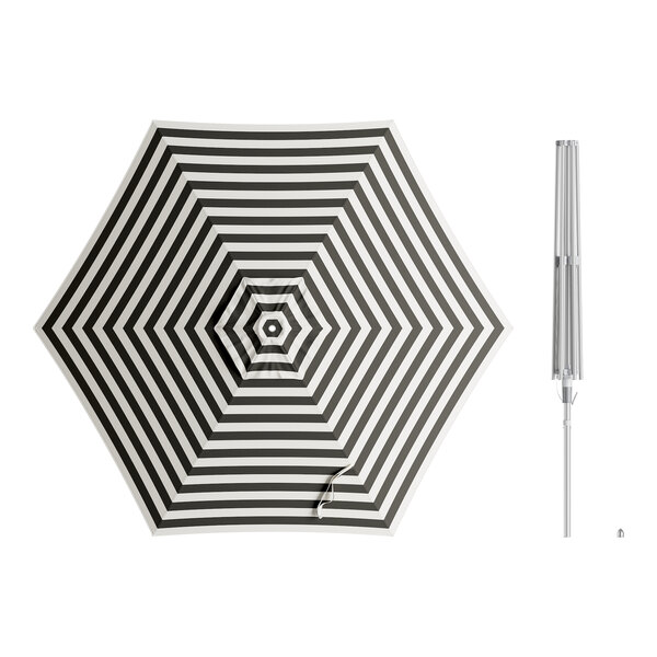 A Lancaster Table & Seating black and white striped umbrella with a metal handle.