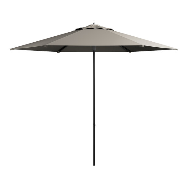 A grey Lancaster Table & Seating umbrella with a black pole.
