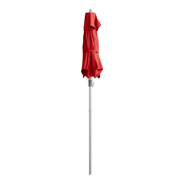 A Lancaster Table & Seating red umbrella on a silver pole.