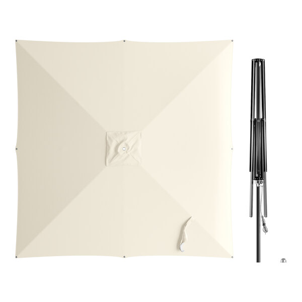 A white square umbrella with a black pole.