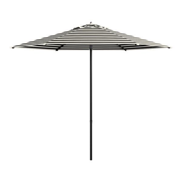 A Lancaster Table & Seating black and white striped umbrella.