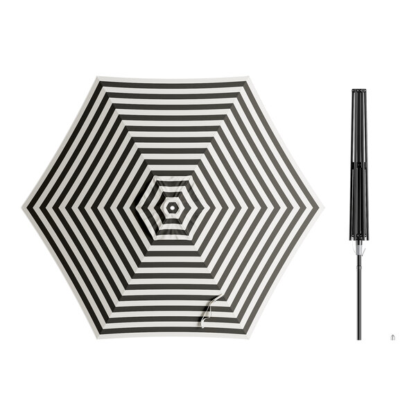 A Lancaster Table & Seating black and white striped round umbrella with a black lift mechanism.