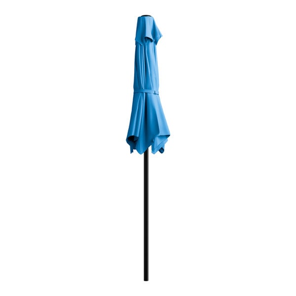 A blue umbrella on a black pole.