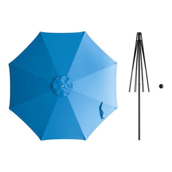 A blue circular umbrella with a black metal pole.