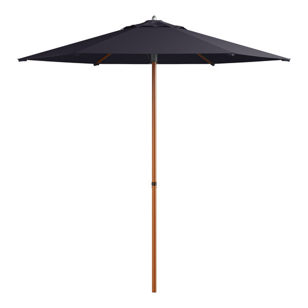 A navy Lancaster Table & Seating woodgrain aluminum umbrella with a black pole.