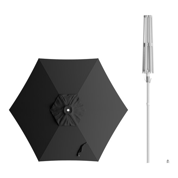 A black umbrella with a silver push lift handle.
