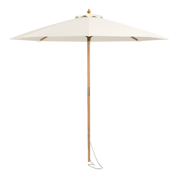 A white umbrella with a wooden pole and pulley lift.