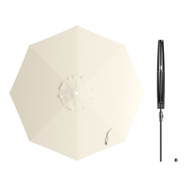 A white umbrella with a black handle.
