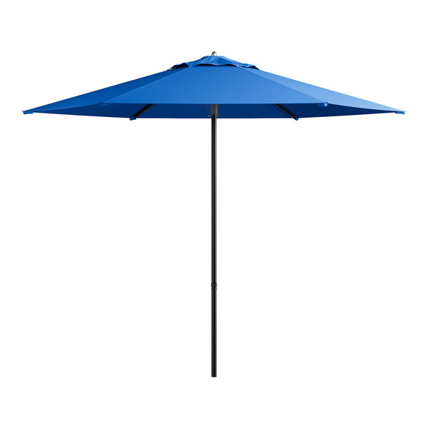 A blue Lancaster Table & Seating umbrella with a black pole.