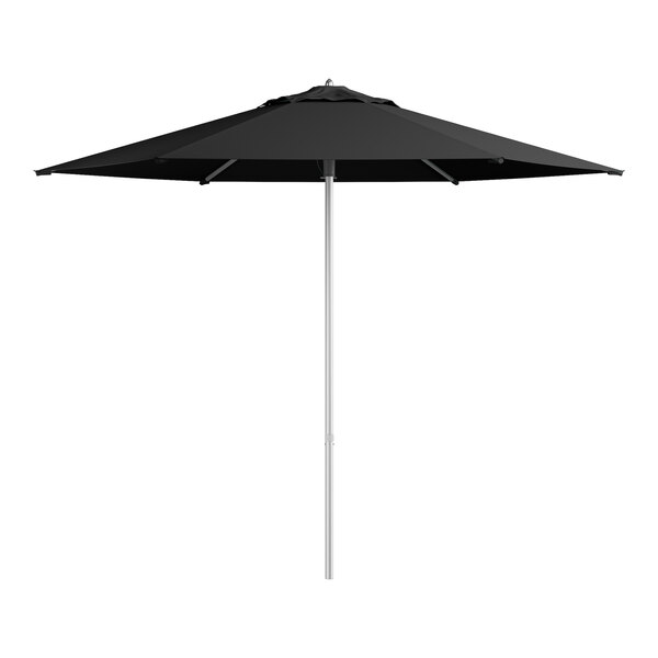 A black Lancaster Table & Seating umbrella with a silver pole.