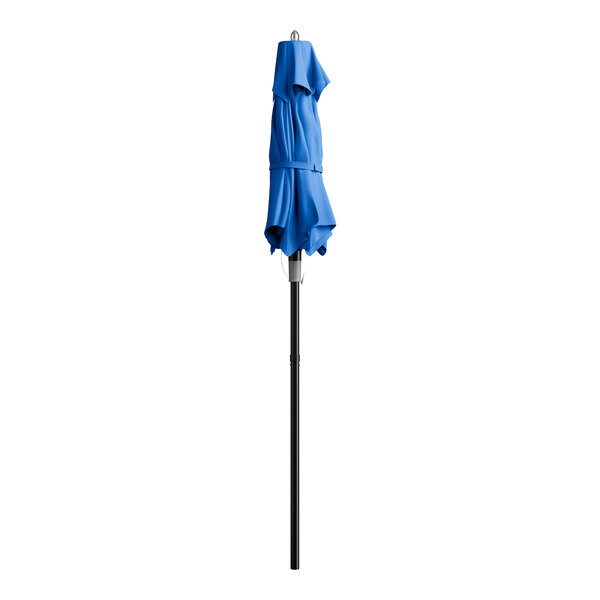 A blue Lancaster Table & Seating umbrella on a black pole.