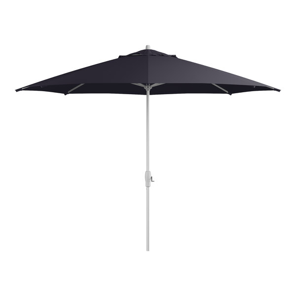 A navy blue Lancaster Table & Seating umbrella with a silver pole.