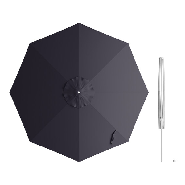 A black umbrella with a silver handle.