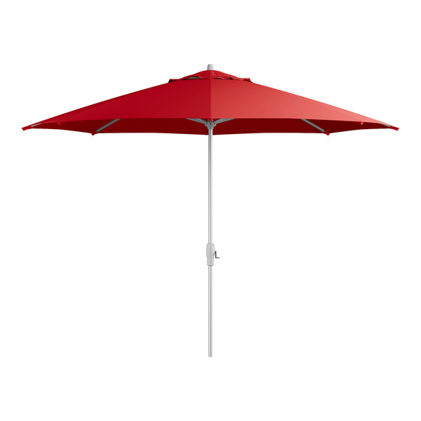 A close up of a red Lancaster Table & Seating umbrella.