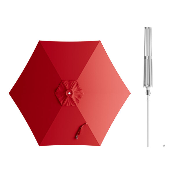 A red umbrella with a silver aluminum lift handle.