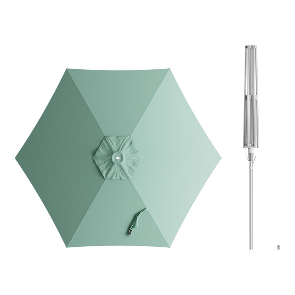 A green umbrella with a silver pole and a white handle.