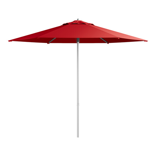 A close up of a red Lancaster Table & Seating umbrella with a silver pole.