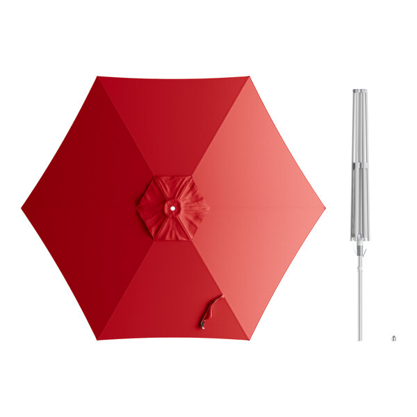 A red umbrella with a silver metal pole and push lift handle.