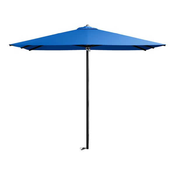 A blue umbrella with a black pole.