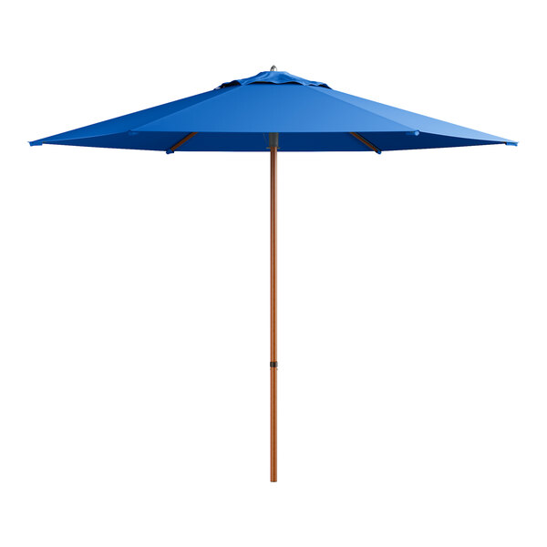 A blue umbrella with a wooden pole.