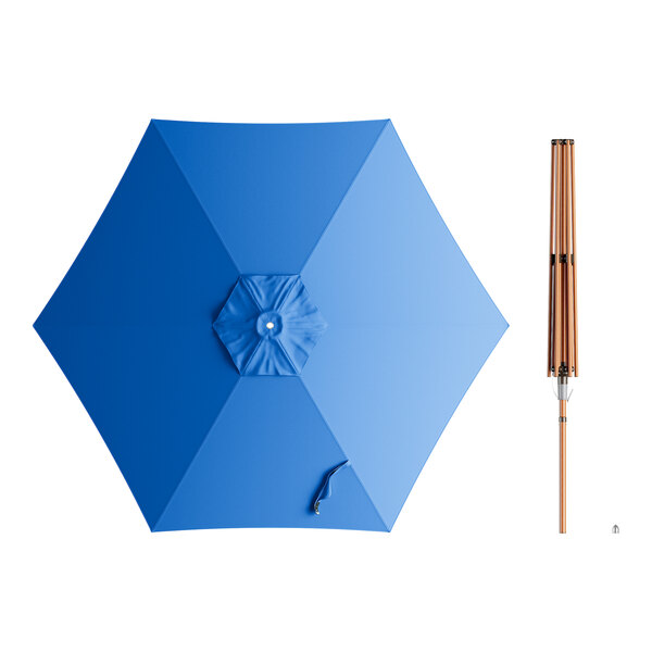 A blue umbrella with a wooden handle for a Lancaster Table & Seating woodgrain aluminum umbrella.