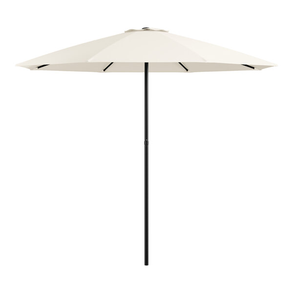 A white umbrella with black steel poles.