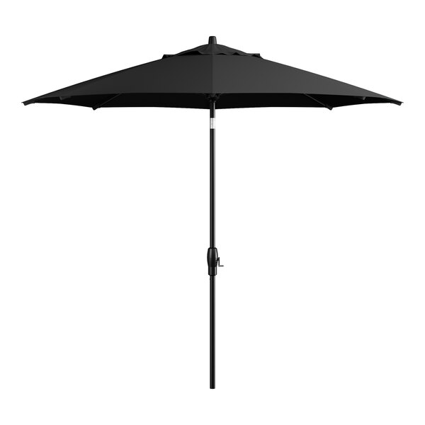 A Lancaster Table & Seating black aluminum umbrella on a stand.