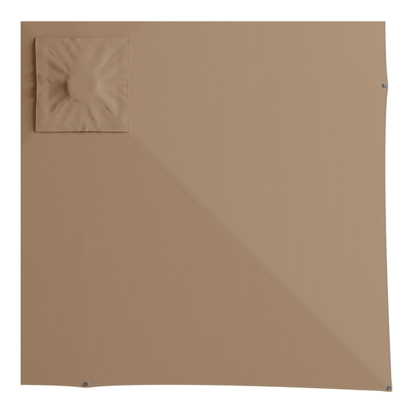 A square beige Lancaster Table & Seating cantilever umbrella with a crank lift.