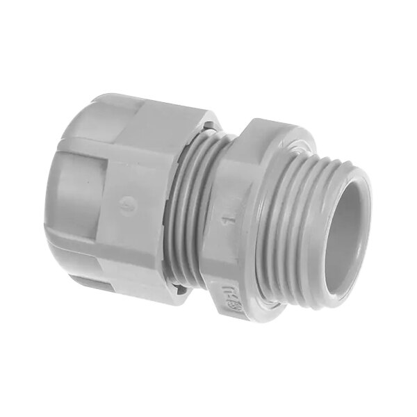 A close-up of a grey plastic pipe fitting with a white background.