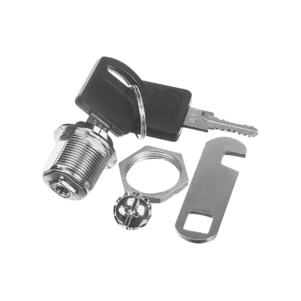 A metal lock and key for Beverage-Air refrigeration equipment.