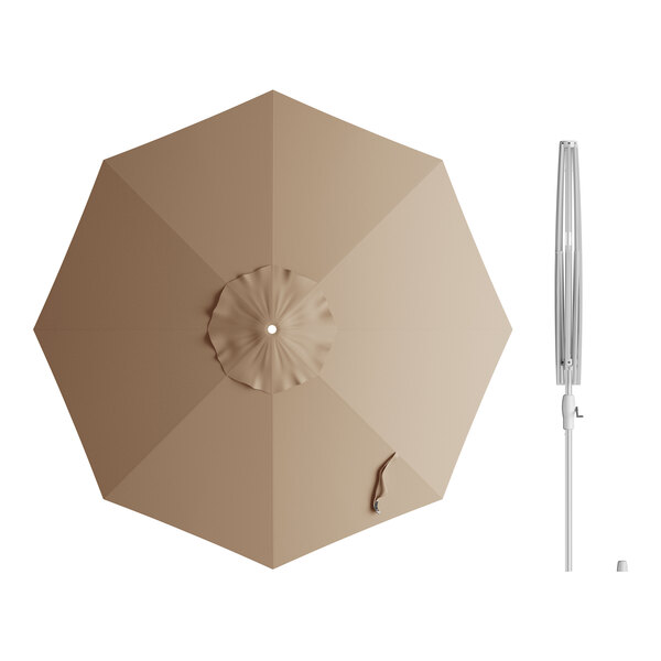 A Lancaster Table & Seating silver aluminum umbrella with a wheat canopy and crank lift.