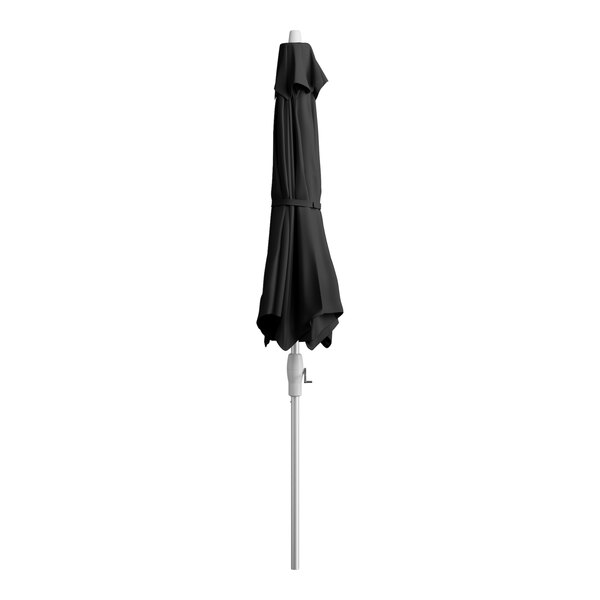 A black Lancaster Table & Seating umbrella on a silver metal pole.