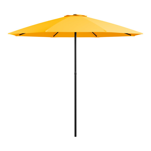 A close up of a Lancaster Table & Seating round canary yellow umbrella with a black steel lift handle.