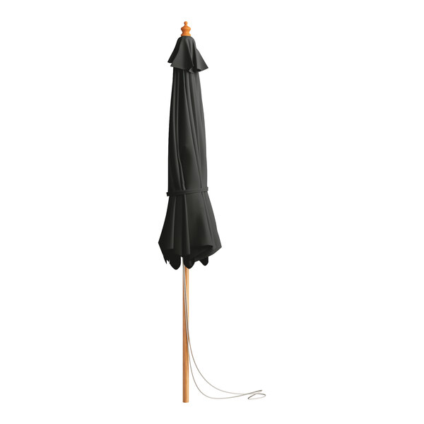 A black umbrella with a wooden pole.