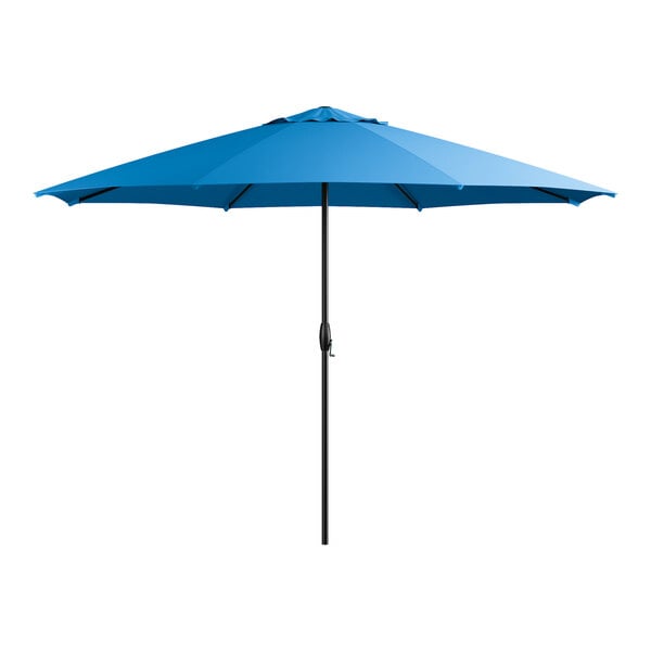 A blue Lancaster Table & Seating umbrella with a white background.