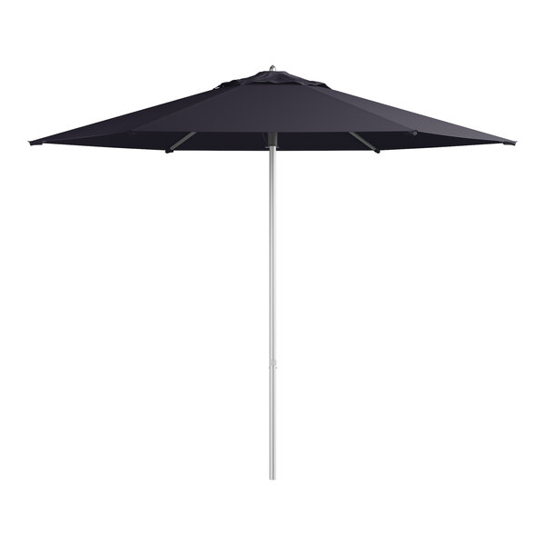A navy blue Lancaster Table & Seating round umbrella with a push lift.