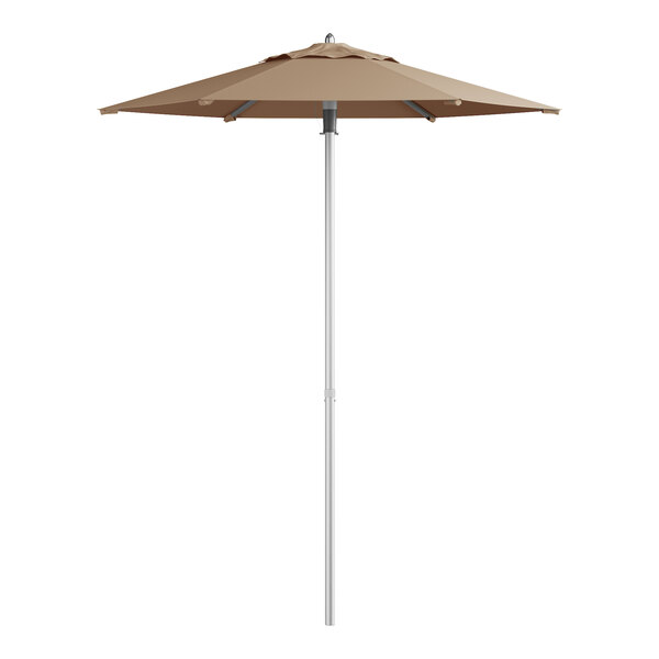 A tan umbrella on a white background with a push lift mechanism.
