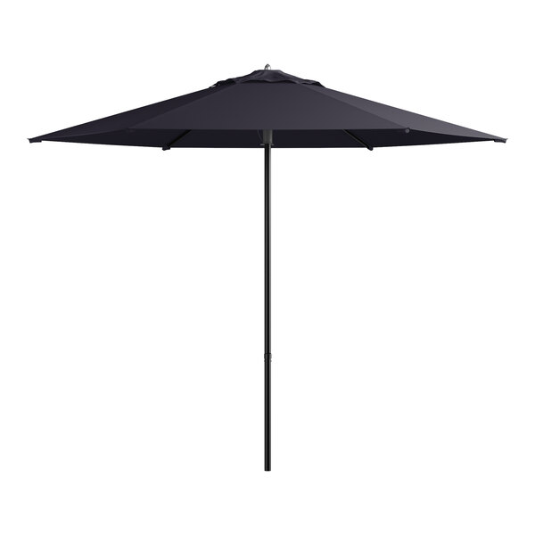 A black Lancaster Table & Seating round umbrella with a navy top and push lift handle.