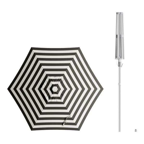 A Lancaster Table & Seating black and white striped umbrella with a silver metal pole and handle.