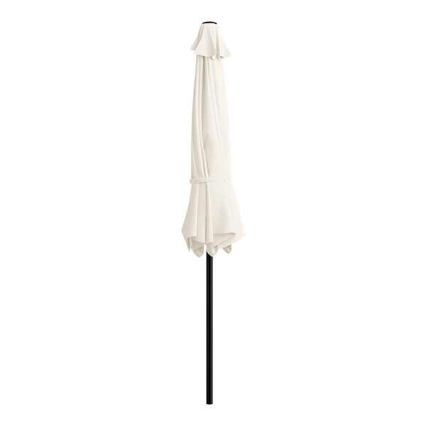 A white umbrella on a black pole.