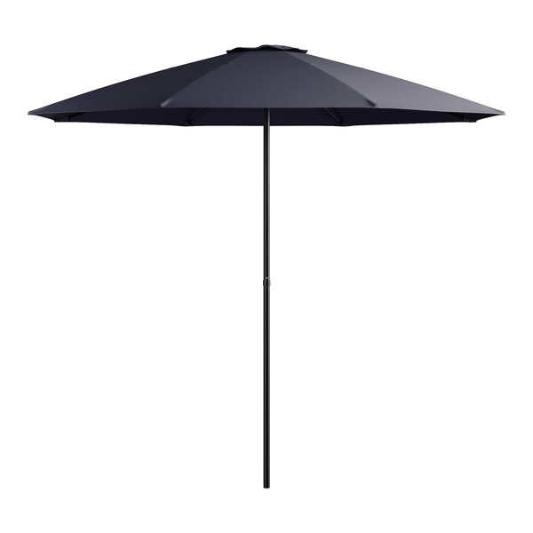 A black Lancaster Table & Seating round umbrella with a push lift mechanism.
